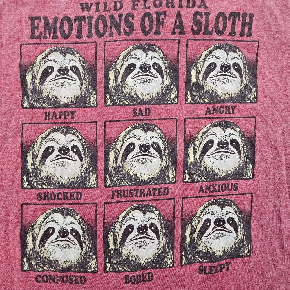 Wild Florida Emotions of a Sloth Red Short Sleeve Cotton Blend T-Shirt Men's S - Picture 3 of 7